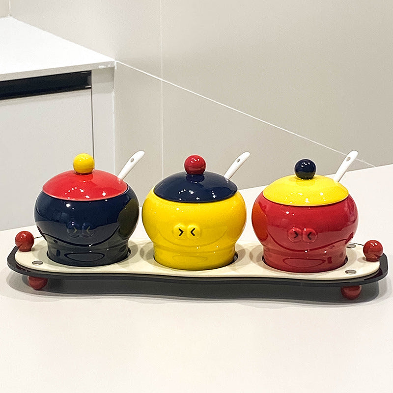 Creative Three-Color Ceramic Spice Jar Set of 3 with Tray and Spoons – Modern Kitchen Storage