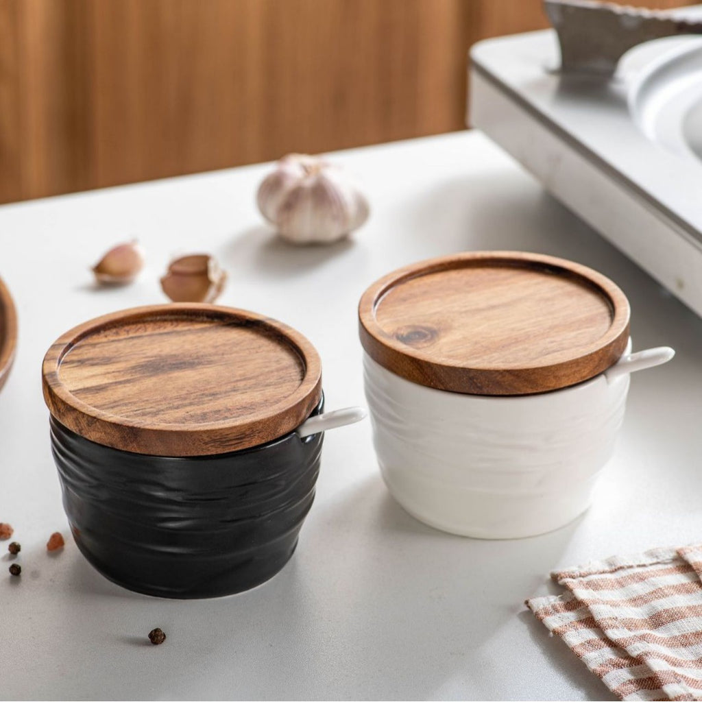 Minimalist Ceramic Spice Jar Set with Wooden Lids & Spoons, Black - White Kitchen Seasoning Storage Containers