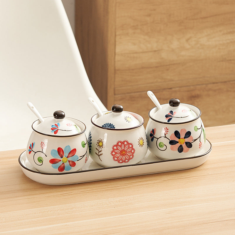 Hand - painted Floral Ceramic Spice Jar Set of 3 with Spoons & Tray, Vintage style Kitchen Seasoning Storage Jars