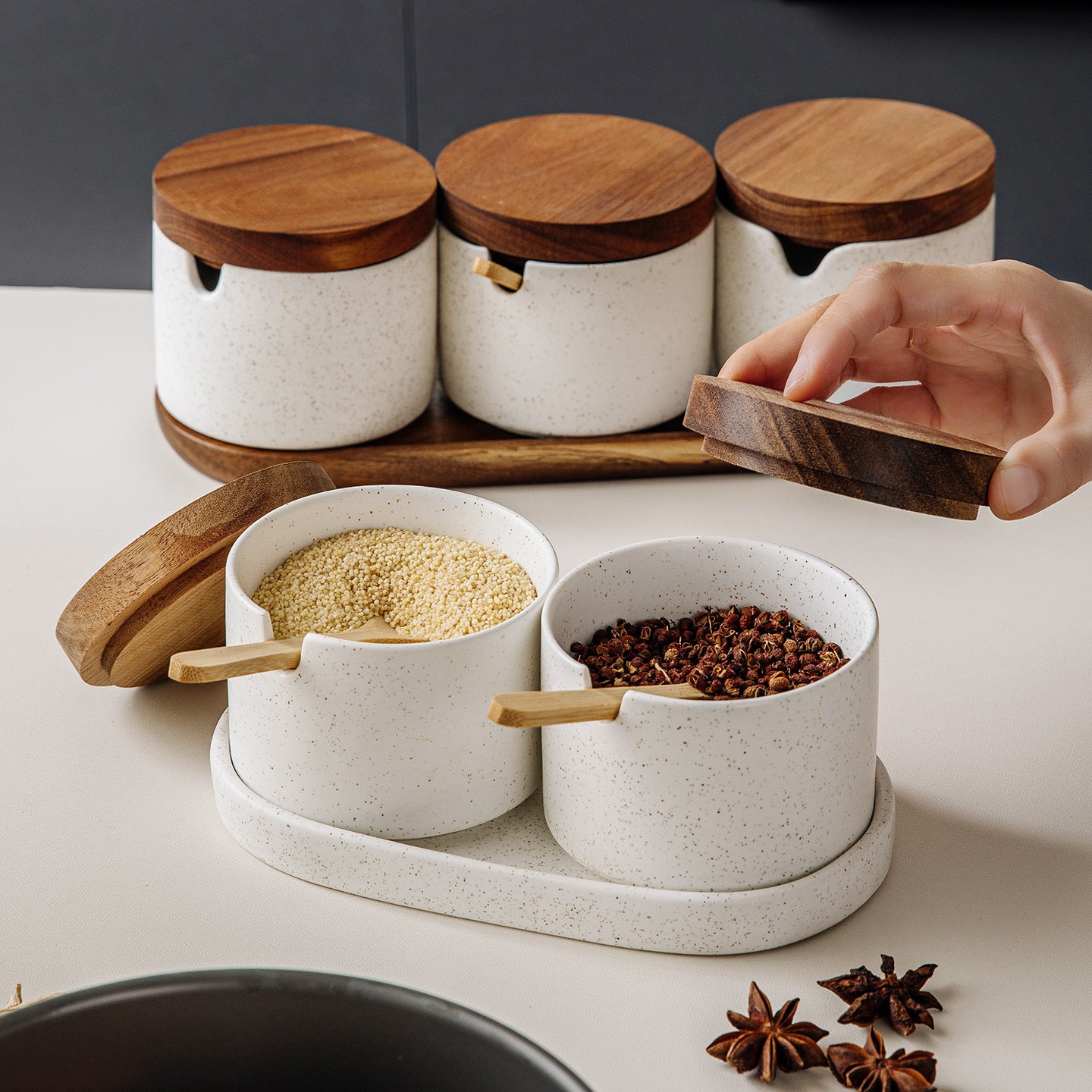 3-Piece Ceramic Spice Jar Set with Wooden Lids, Spoons, and Tray – Seasoning Organizer for Kitchen and Dining