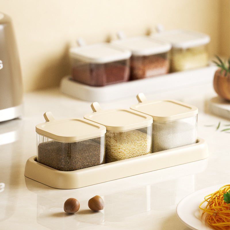 Minimalist Beige Plastic Spice Jar Set of 3 with Tray, Visible Seasoning Storage Containers for Kitchen Salt, Sugar & Grains