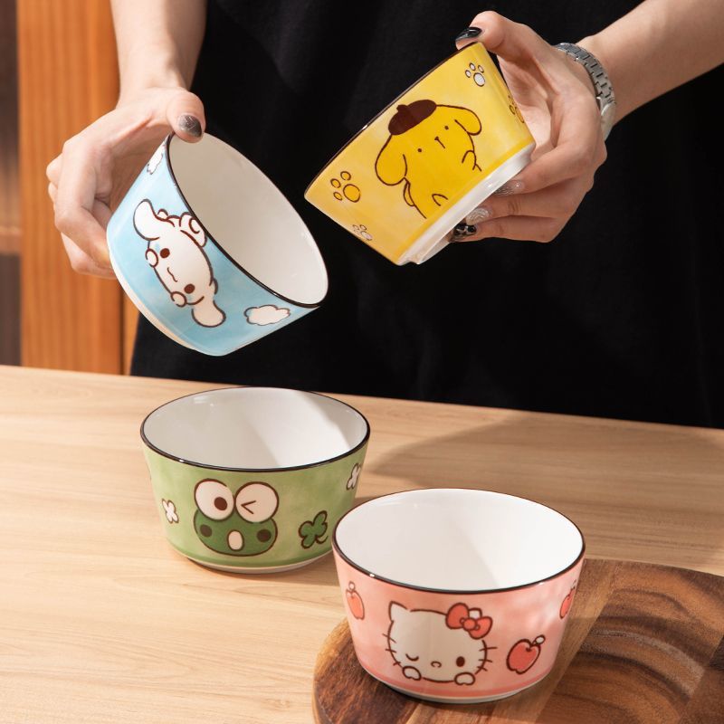 Cute Cartoon Ceramic Bowl Set of 4, Adorable Animal - Patterned Tableware for Home, Universal Rice & Soup Bowls for Kids & Adults