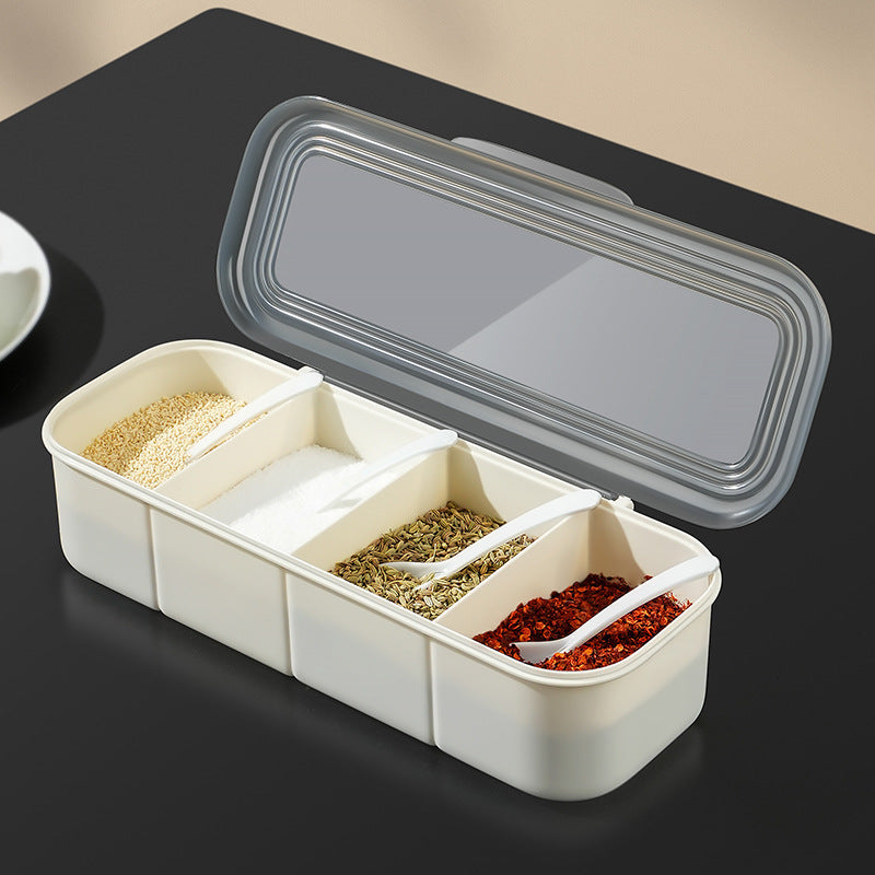 4-Compartment Spice Box with Transparent Lid and Spoons – Seasoning Organizer for Kitchen