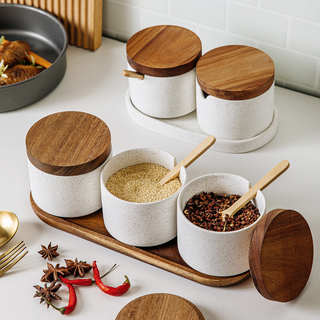 3-Piece Ceramic Spice Jar Set with Wooden Lids, Spoons, and Tray – Seasoning Organizer for Kitchen and Dining