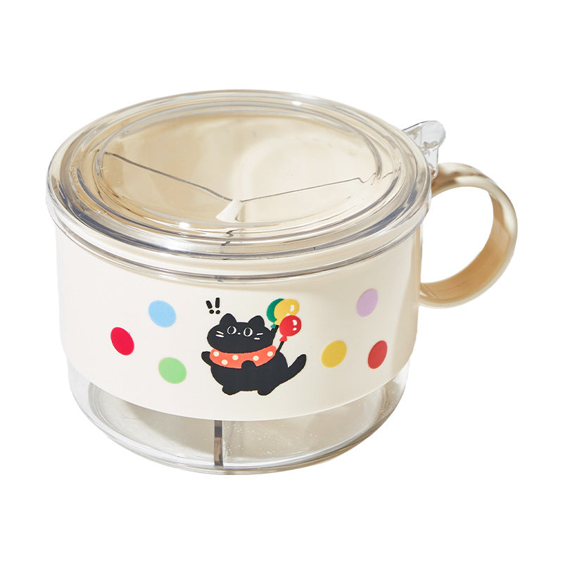 Cartoon Black Cat Plastic Spice Box with Handle – 2-Compartment Seasoning Container with Lid