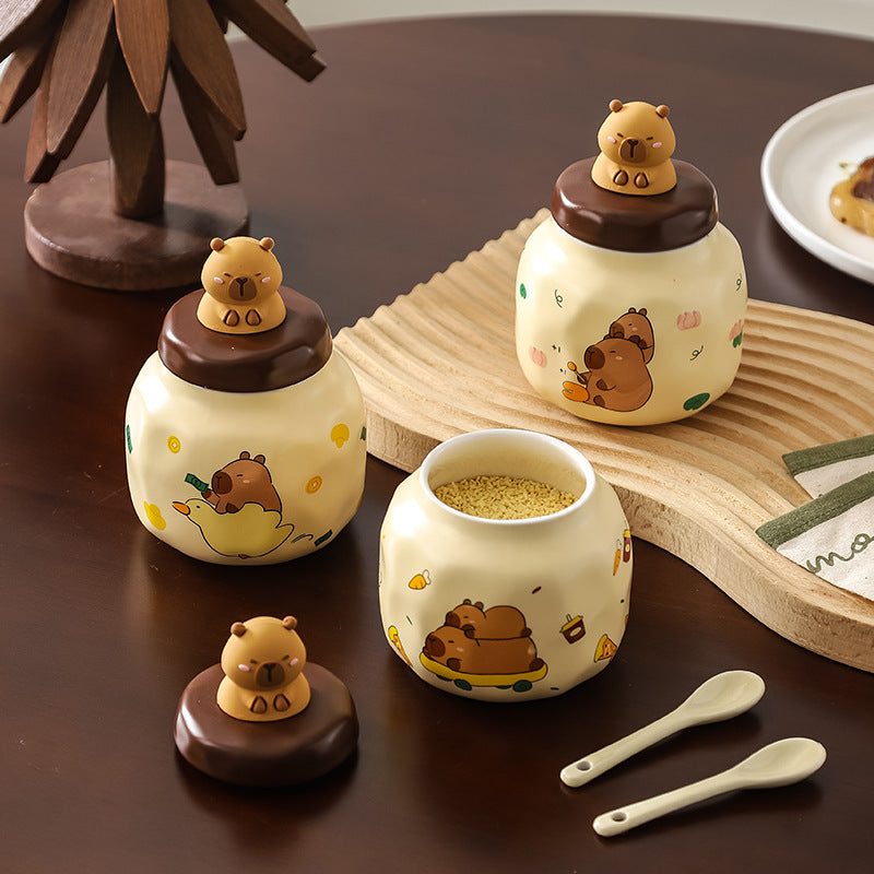 Capybara Ceramic Spice Jar Set of 3 with Tray and Spoons – Cute Kitchen Storage