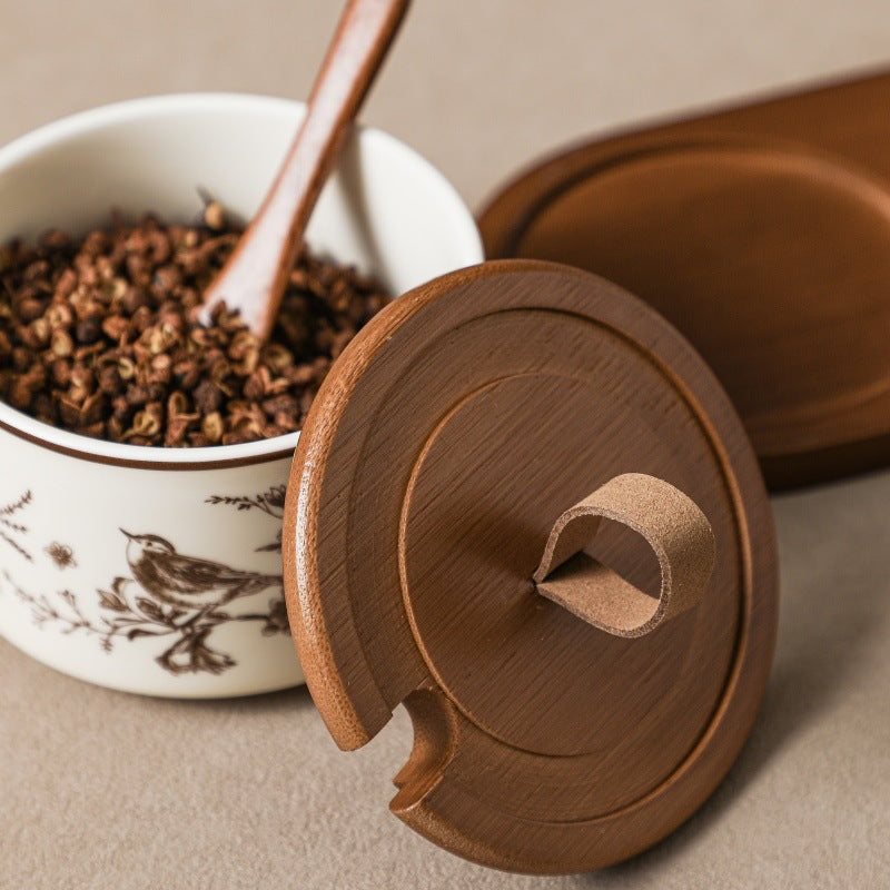 Vintage Wooden-Style Ceramic Spice Jar Set of 3 with Tray and Spoons – Rustic Kitchen Storage