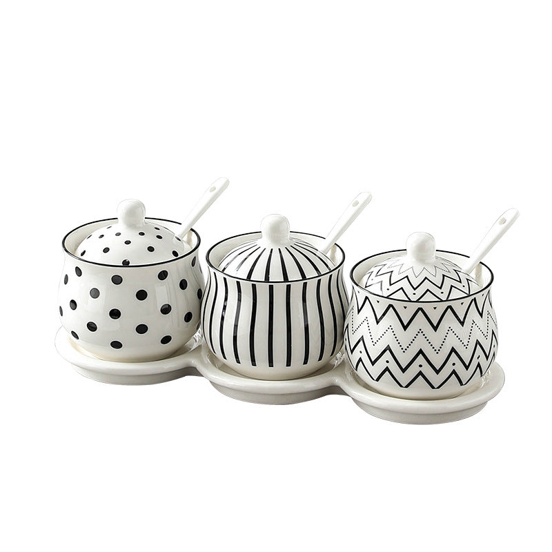 Minimalist Black & White Ceramic Spice Jar Set of 3 with Tray and Spoons – Modern Kitchen Storage