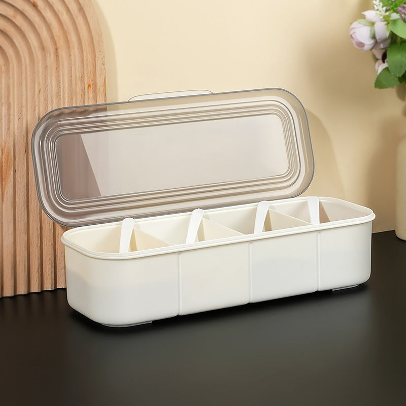 4-Compartment Spice Box with Transparent Lid and Spoons – Seasoning Organizer for Kitchen