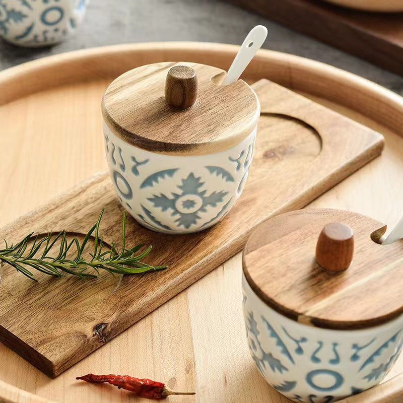 Embossed Ceramic Spice Jar Set of 3 with Wooden Lids, Spoons & Tray, Vintage - style Kitchen Seasoning Storage Containers