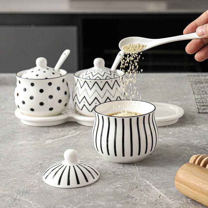 Minimalist Black & White Ceramic Spice Jar Set of 3 with Tray and Spoons – Modern Kitchen Storage