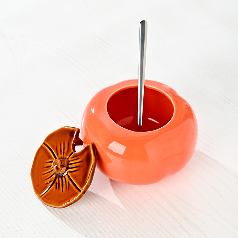 Creative Ceramic Persimmon Spice Jar with Lid and Spoon – Seasoning Container Set of 2