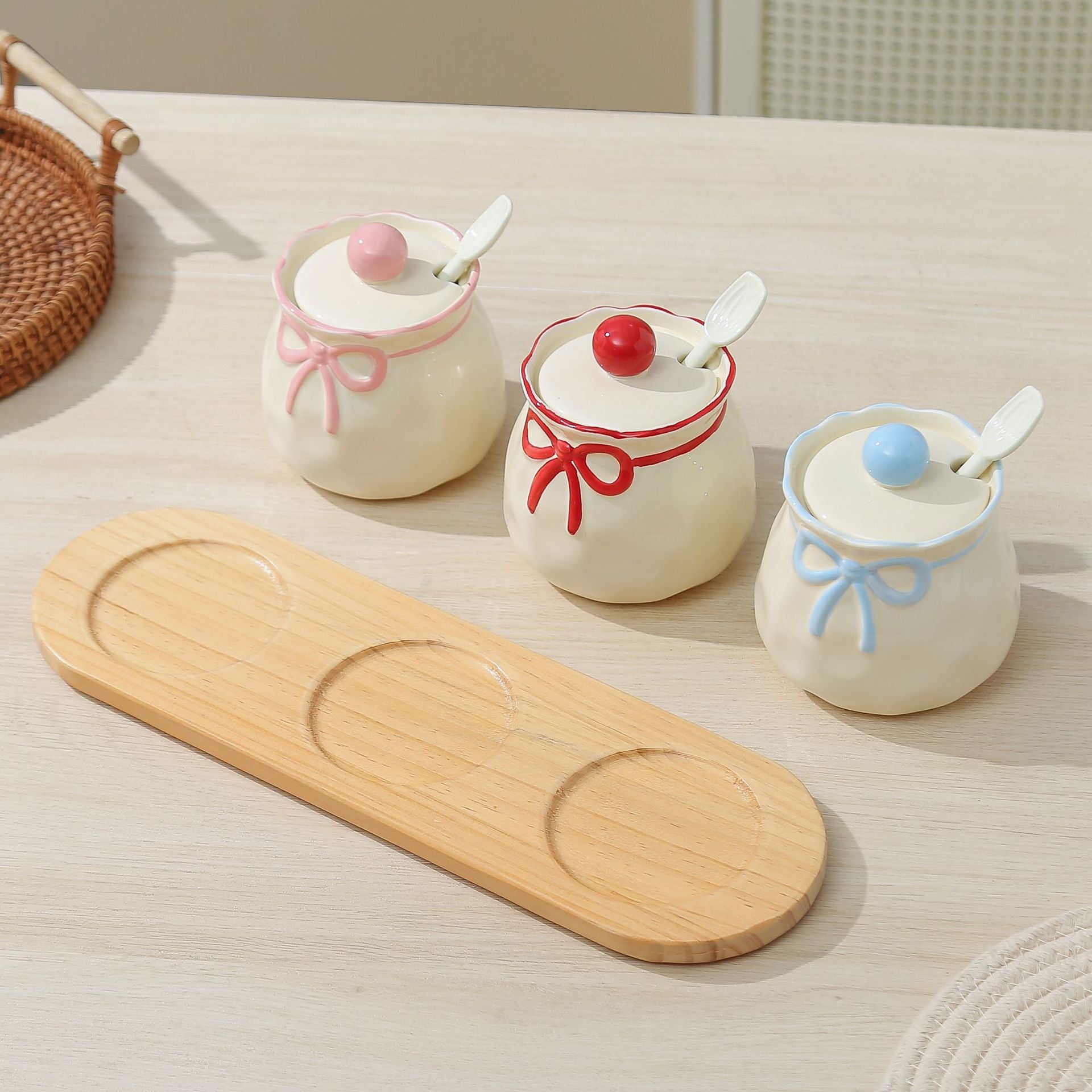 Ins - style Butterfly - bow Ceramic Spice Jar Set of 3 with Spoons & Wooden Tray, Cute Girly - heart Kitchen Seasoning Storage Jars