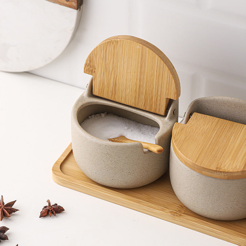 Natural - style Ceramic Spice Jar Set of 3 with Bamboo Lids & Tray, Kitchen Seasoning Storage Containers for Salt, Sugar