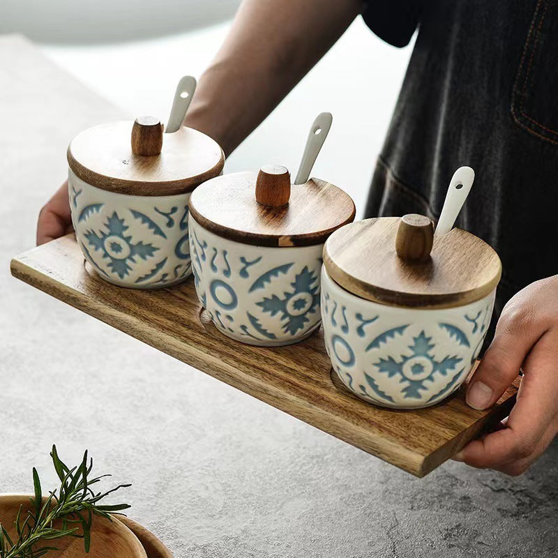 Embossed Ceramic Spice Jar Set of 3 with Wooden Lids, Spoons & Tray, Vintage - style Kitchen Seasoning Storage Containers