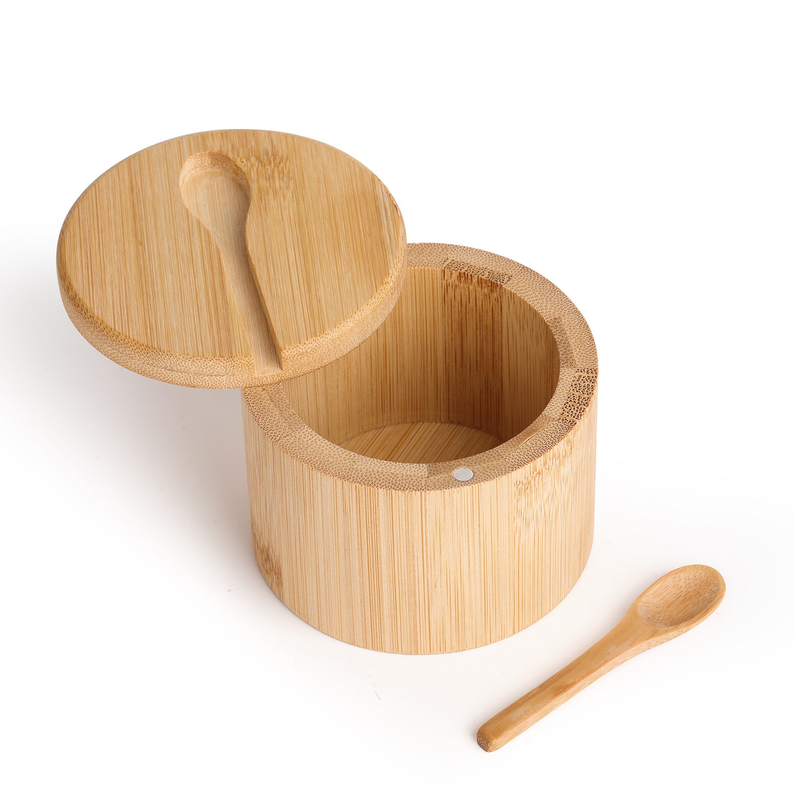 Natural Bamboo Double Spice Jar with Magnetic Swivel Lid and Spoon – Kitchen Seasoning Container