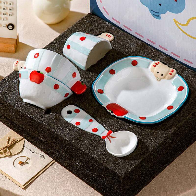 Cute Little Elephant 3D - shaped Ceramic Tableware Set, Cartoon Bowl Plate Cup Spoon Combination for Kids, Creative Breakfast Tableware