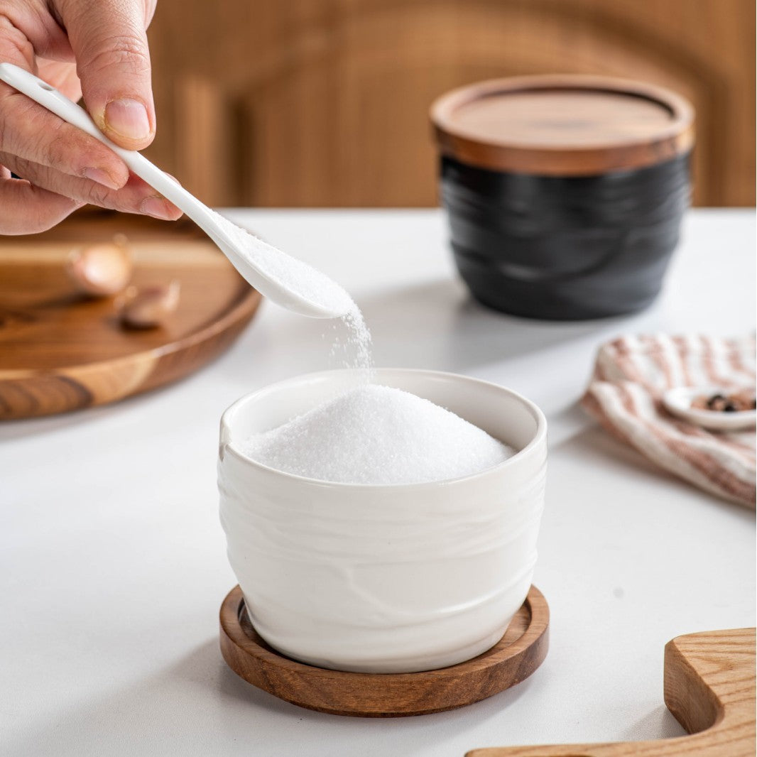 Minimalist Ceramic Spice Jar Set with Wooden Lids & Spoons, Black - White Kitchen Seasoning Storage Containers