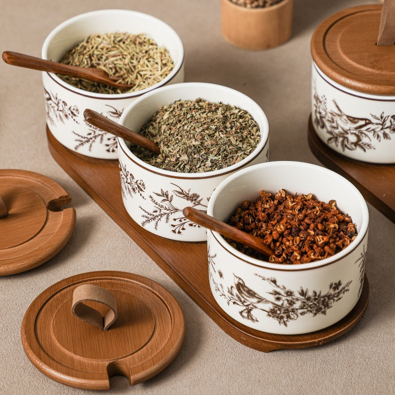 Vintage Wooden-Style Ceramic Spice Jar Set of 3 with Tray and Spoons – Rustic Kitchen Storage