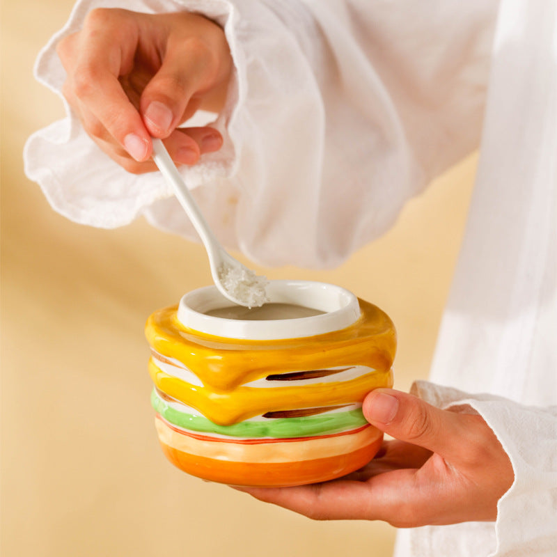 Creative Burger-Shaped Ceramic Spice Jar Set of 3 with Tray – Fun Kitchen Storage