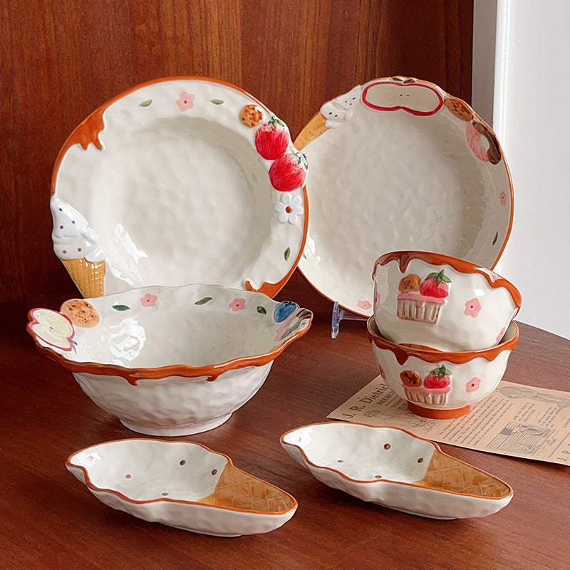Hand - painted Relief Dessert Tableware Set, Cute Strawberry Cake - shaped Bowl and Plate Combination, Creative Ceramic Tableware