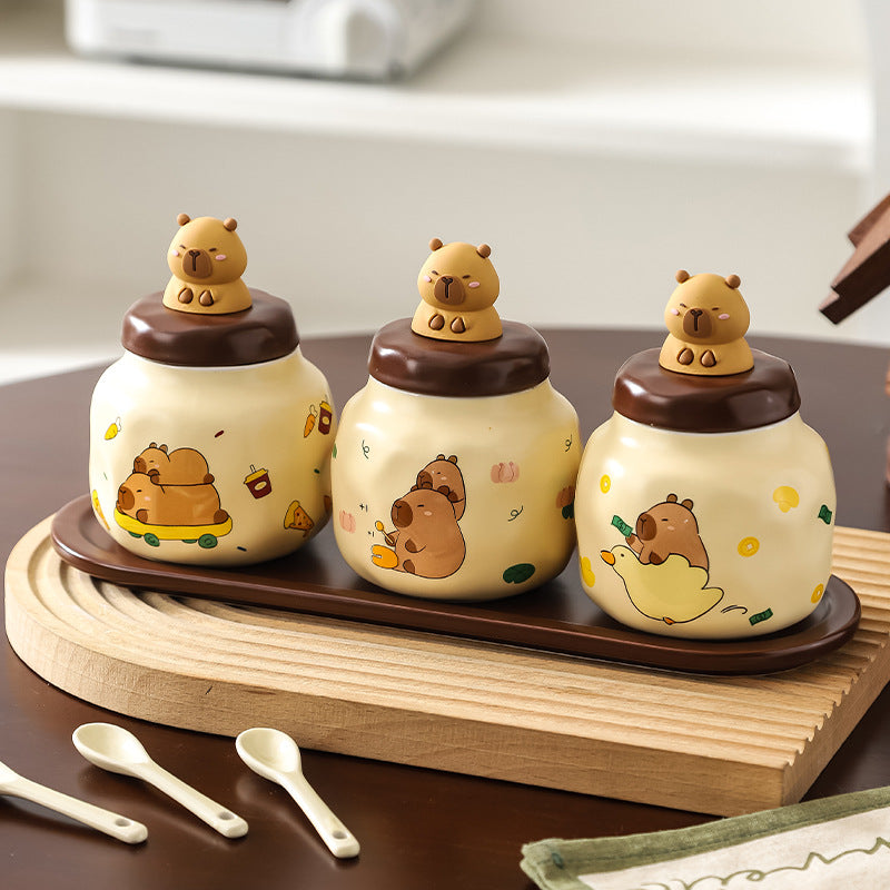 Capybara Ceramic Spice Jar Set of 3 with Tray and Spoons – Cute Kitchen Storage