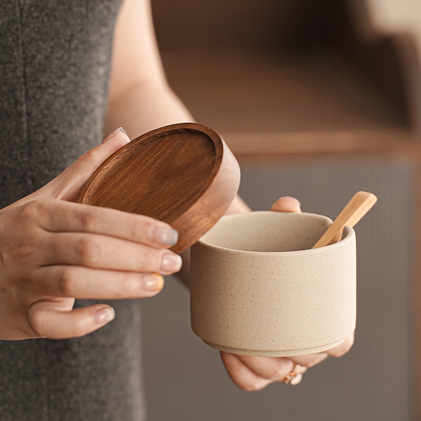 Nordic Ceramic Spice Jar Set of 4 with Wooden Lids and Tray – Kitchen Seasoning Containers