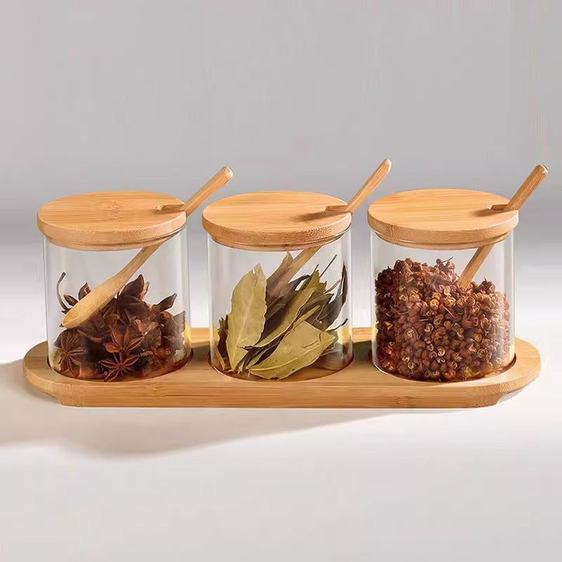 3-Piece Glass Spice Jar Set with Wooden Lids, Spoons and Base – Seasoning Container Organizer for Kitchen and Dining