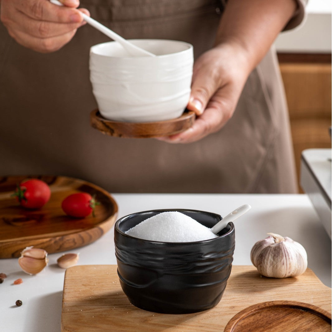 Minimalist Ceramic Spice Jar Set with Wooden Lids & Spoons, Black - White Kitchen Seasoning Storage Containers