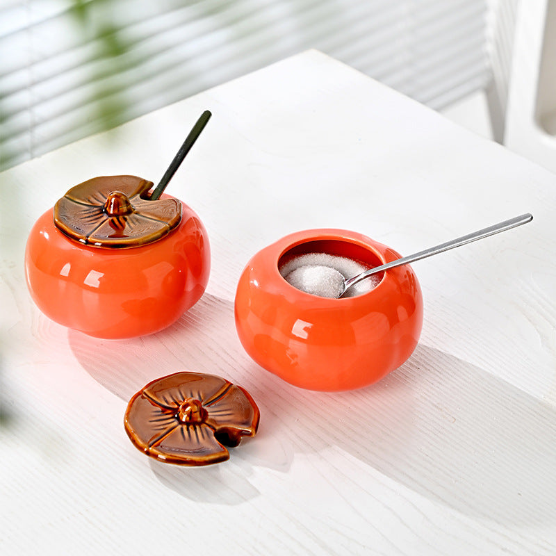Creative Ceramic Persimmon Spice Jar with Lid and Spoon – Seasoning Container Set of 2