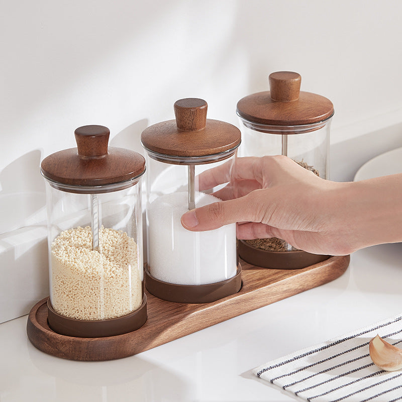Transparent Glass Spice Jar Set of 3 with Wooden Lids, Spoons & Tray, Kitchen Seasoning & Grain Storage Containers