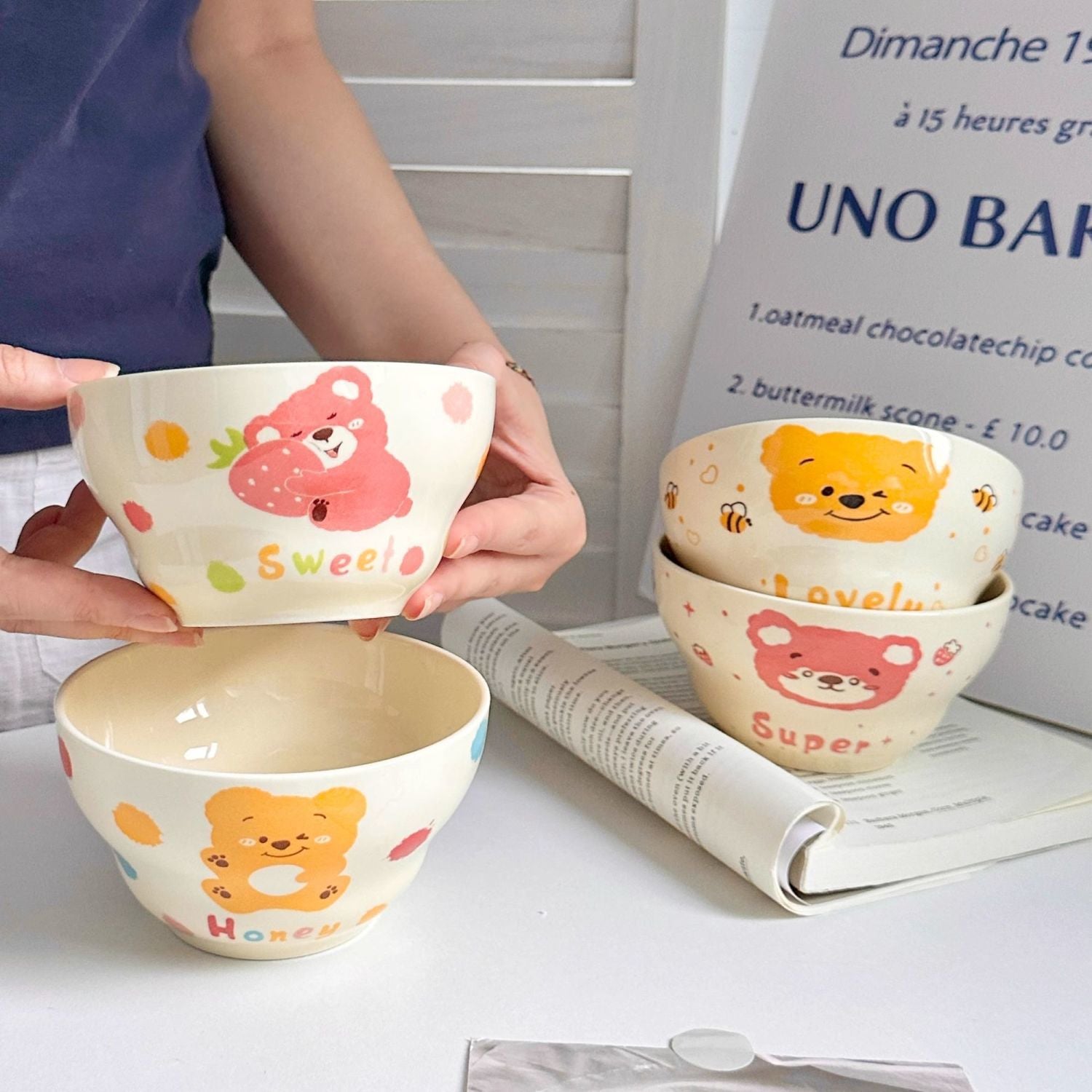 Cartoon Bear Ceramic Bowl Set – Cute Hand-Painted Tableware, Multi-Purpose Rice, Soup & Dessert Bowls, Family & Kids Dishware (Set of 4)