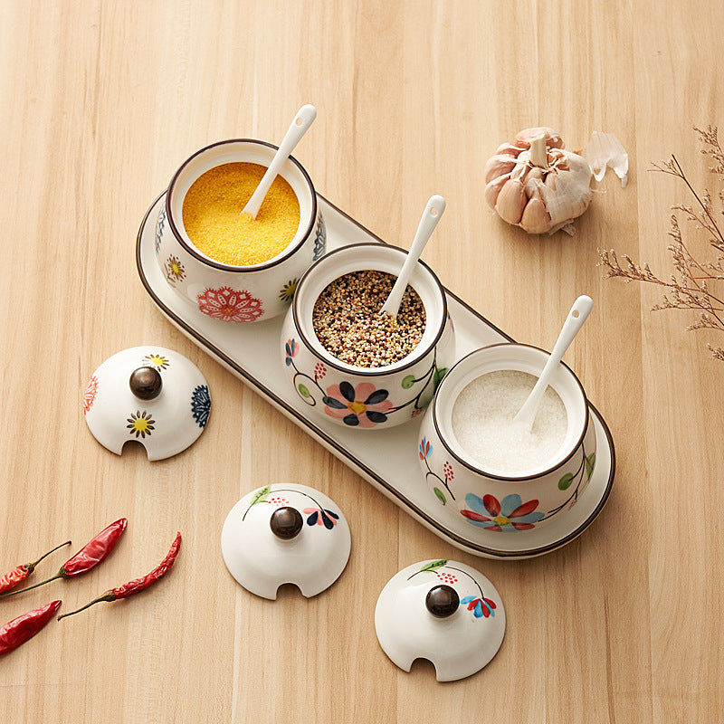 Hand - painted Floral Ceramic Spice Jar Set of 3 with Spoons & Tray, Vintage style Kitchen Seasoning Storage Jars