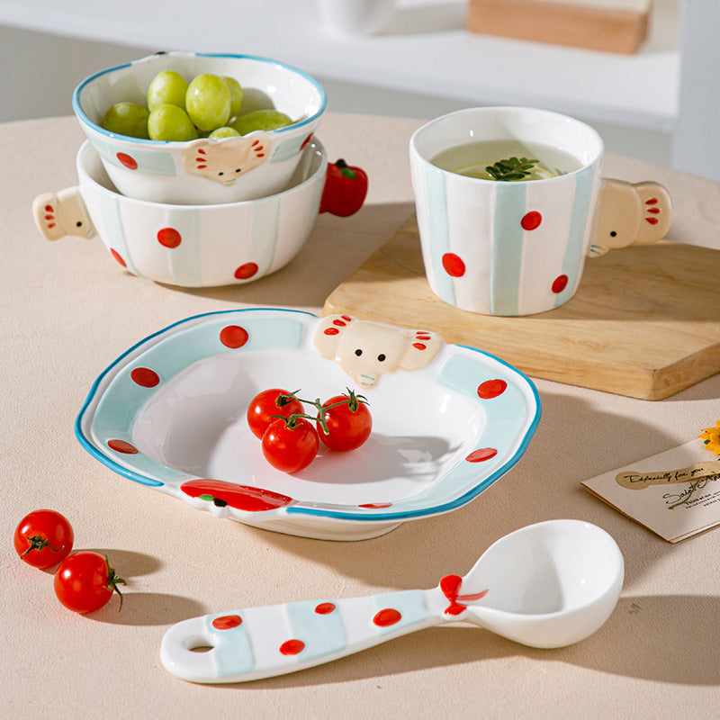Cute Little Elephant 3D - shaped Ceramic Tableware Set, Cartoon Bowl Plate Cup Spoon Combination for Kids, Creative Breakfast Tableware