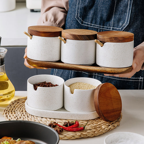 3-Piece Ceramic Spice Jar Set with Wooden Lids, Spoons, and Tray – Seasoning Organizer for Kitchen and Dining