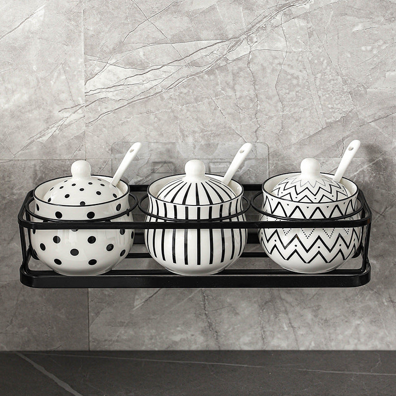 Minimalist Black & White Ceramic Spice Jar Set of 3 with Tray and Spoons – Modern Kitchen Storage