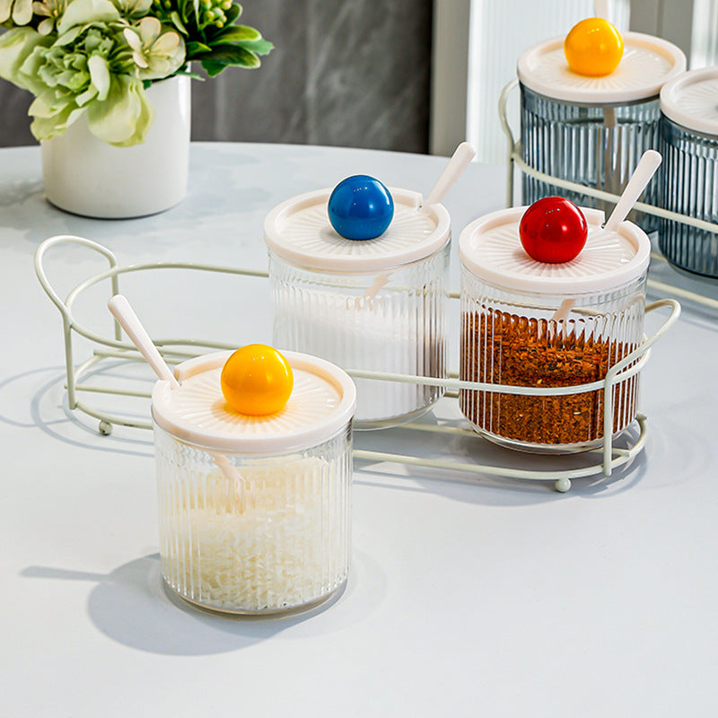 3-Piece Glass Spice Jar Set with Colorful Ball Handle, Spoons & Metal Rack – Seasoning Containers  Product Description: