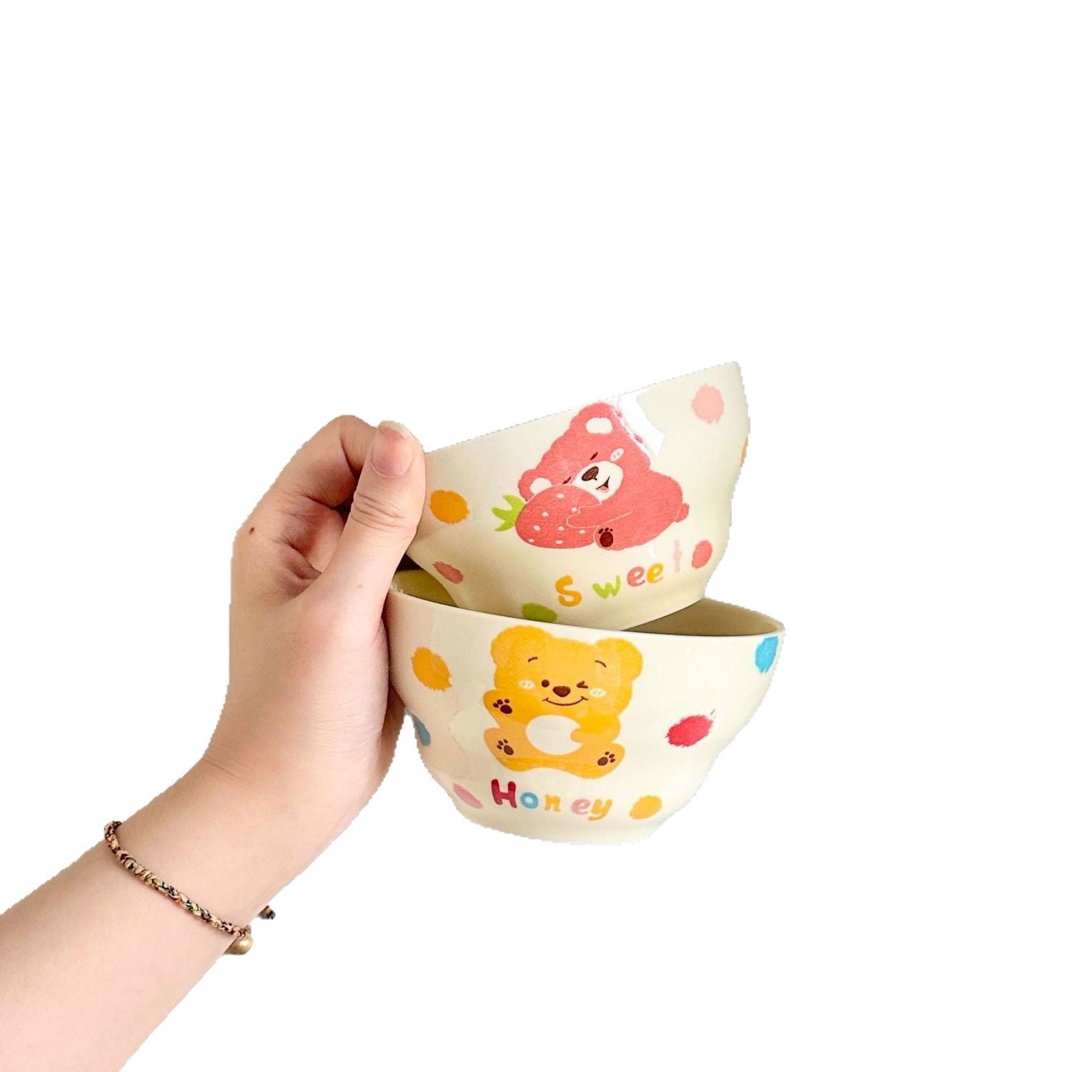 Cartoon Bear Ceramic Bowl Set – Cute Hand-Painted Tableware, Multi-Purpose Rice, Soup & Dessert Bowls, Family & Kids Dishware (Set of 4)