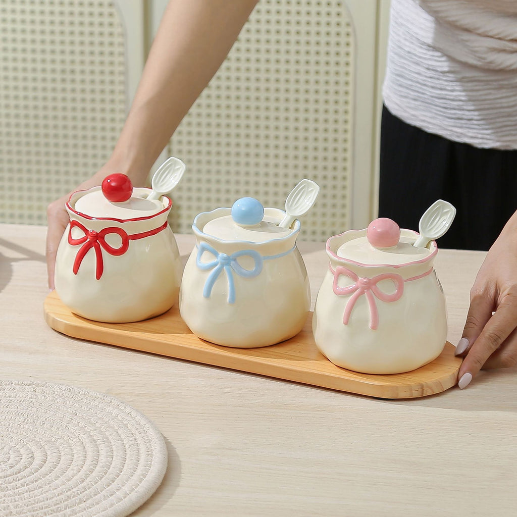 Ins - style Butterfly - bow Ceramic Spice Jar Set of 3 with Spoons & Wooden Tray, Cute Girly - heart Kitchen Seasoning Storage Jars