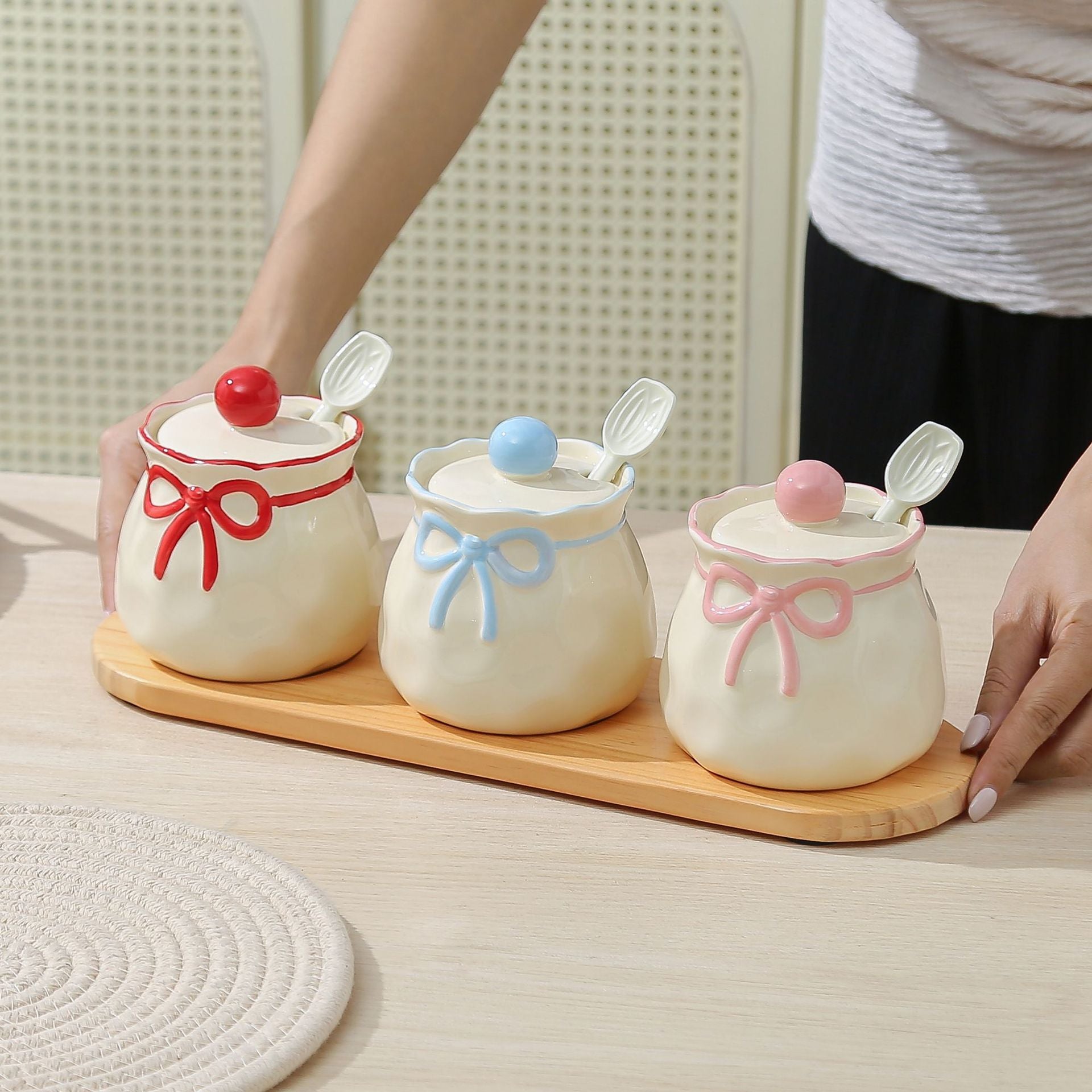 Ins - style Butterfly - bow Ceramic Spice Jar Set of 3 with Spoons & Wooden Tray, Cute Girly - heart Kitchen Seasoning Storage Jars