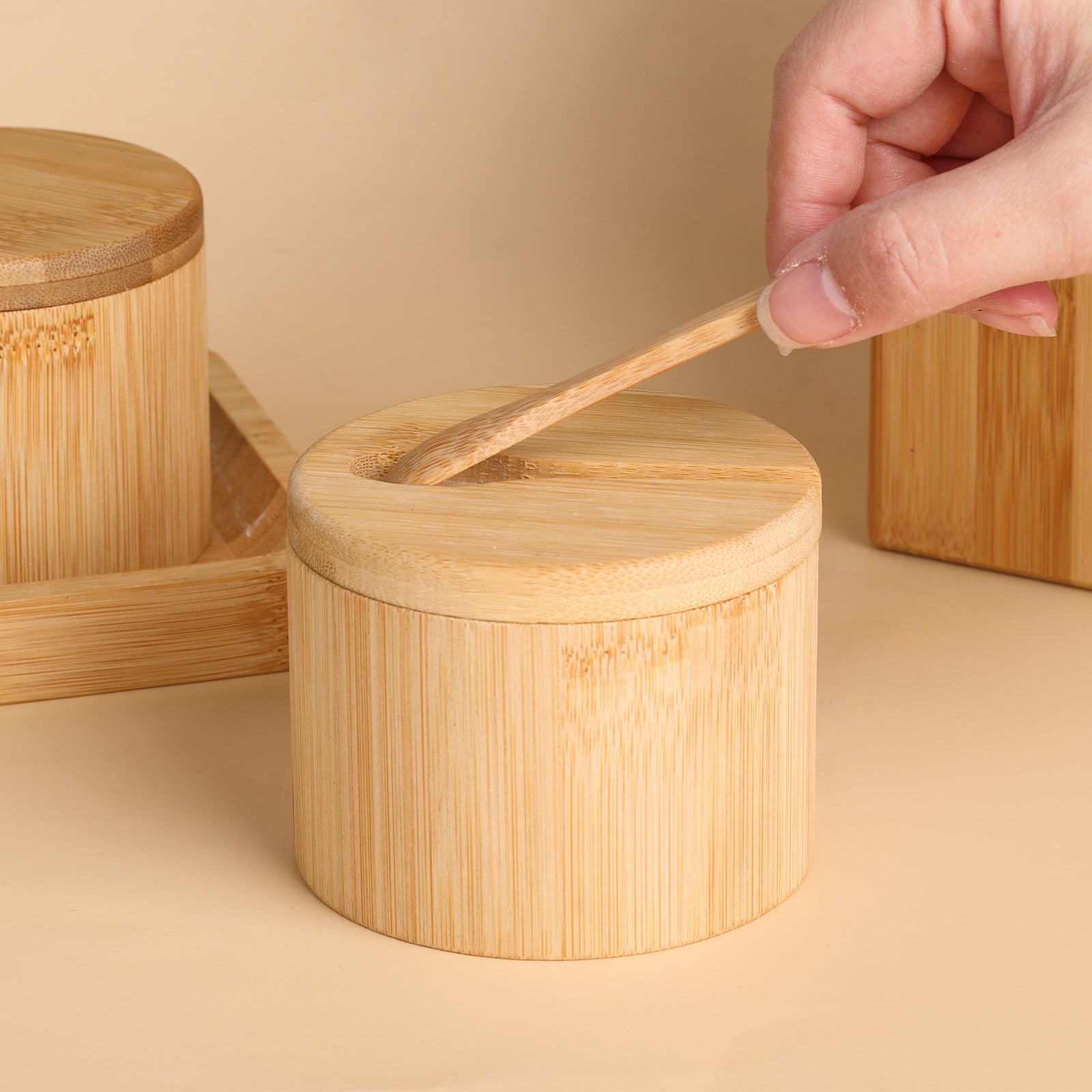 Natural Bamboo Double Spice Jar with Magnetic Swivel Lid and Spoon – Kitchen Seasoning Container