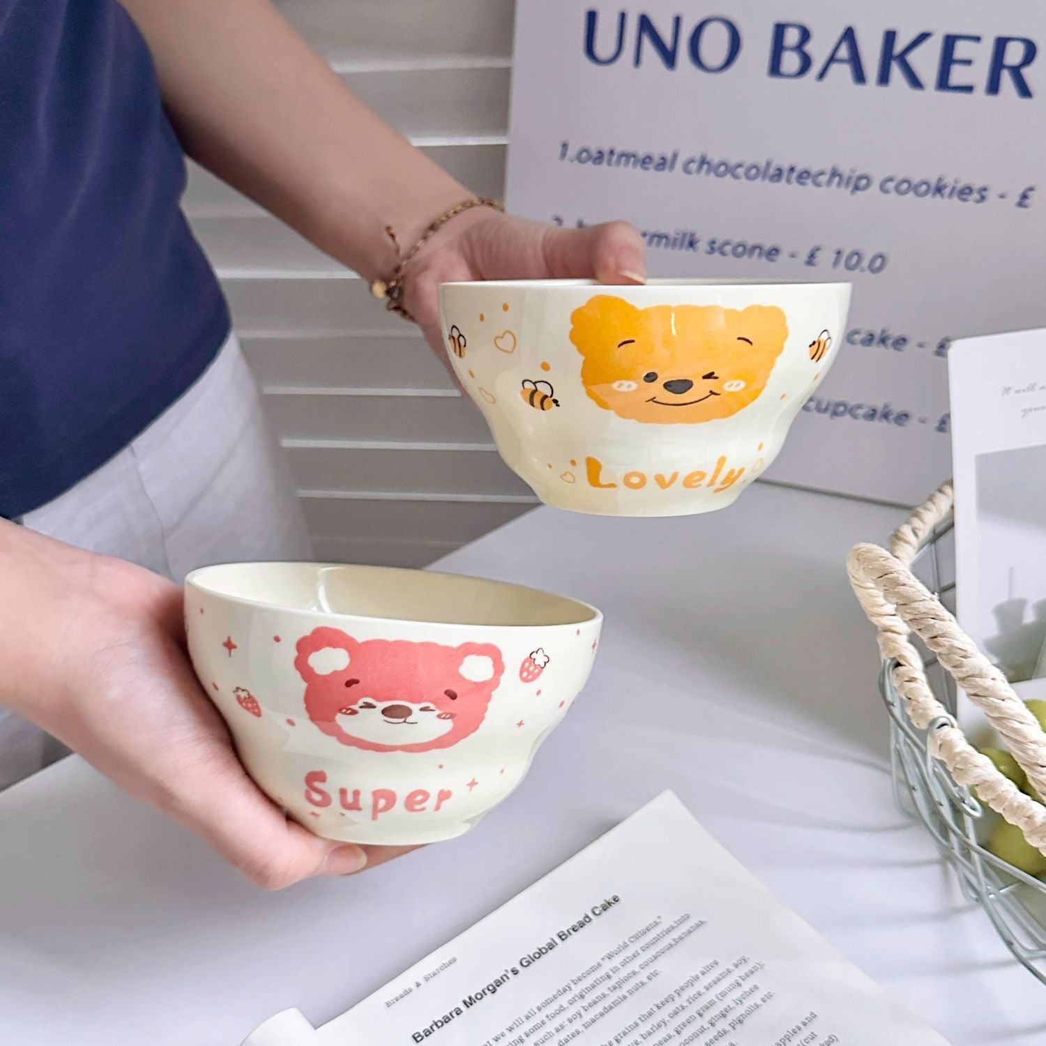 Cartoon Bear Ceramic Bowl Set – Cute Hand-Painted Tableware, Multi-Purpose Rice, Soup & Dessert Bowls, Family & Kids Dishware (Set of 4)