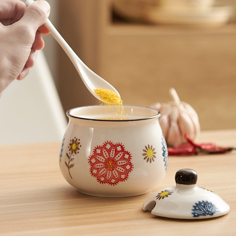 Hand - painted Floral Ceramic Spice Jar Set of 3 with Spoons & Tray, Vintage style Kitchen Seasoning Storage Jars