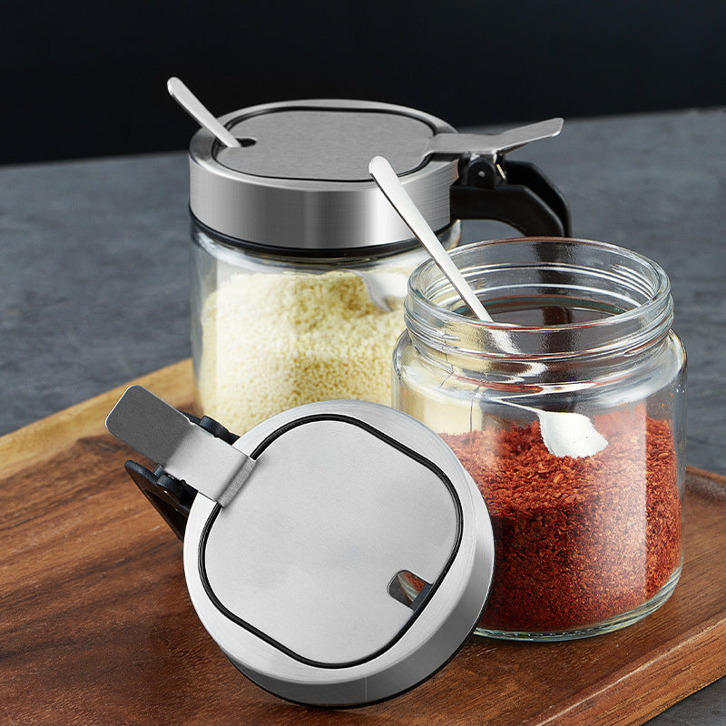Glass Spice Jar with Lid and Spoon – Airtight Seasoning Container with Handle for Salt, Sugar, Coffee, and Tea Storage