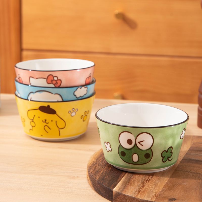 Cute Cartoon Ceramic Bowl Set of 4, Adorable Animal - Patterned Tableware for Home, Universal Rice & Soup Bowls for Kids & Adults