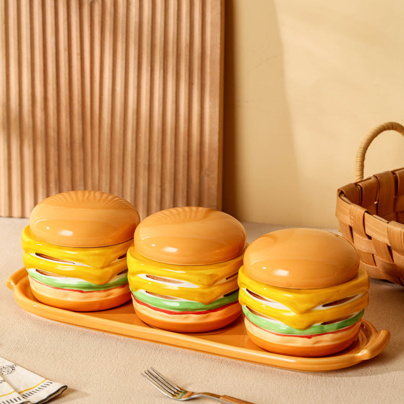 Creative Burger-Shaped Ceramic Spice Jar Set of 3 with Tray – Fun Kitchen Storage