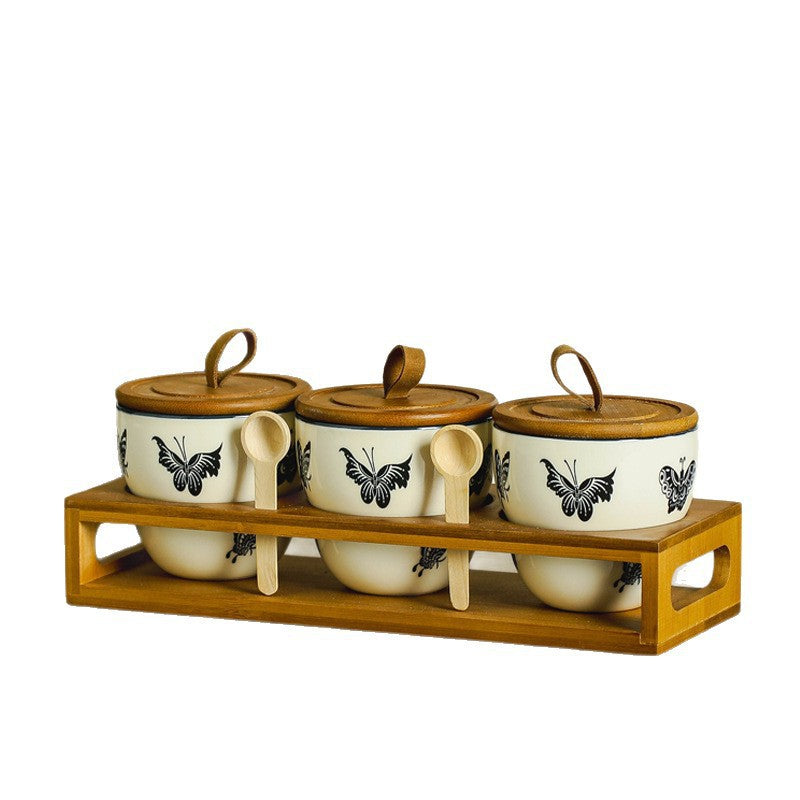 Butterfly - Printed Ceramic Spice Jar Set of 3 with Bamboo Lids, Spoons & Tray, Vintage - Artistic Kitchen Seasoning Storage