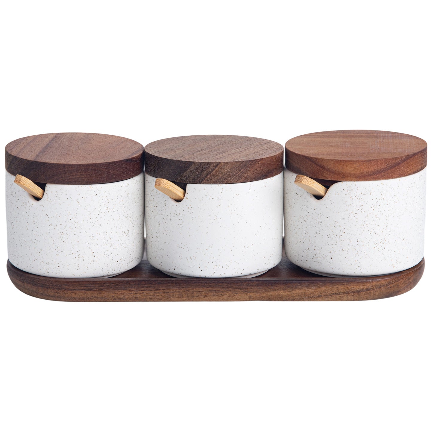 3-Piece Ceramic Spice Jar Set with Wooden Lids, Spoons, and Tray – Seasoning Organizer for Kitchen and Dining