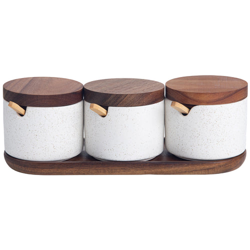 3-Piece Ceramic Spice Jar Set with Wooden Lids, Spoons, and Tray – Seasoning Organizer for Kitchen and Dining