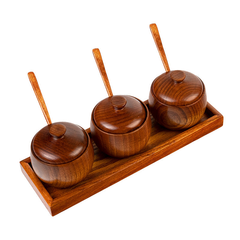 Wooden Spice Jar Set with Tray and Spoons – 3-Piece Seasoning Organizer